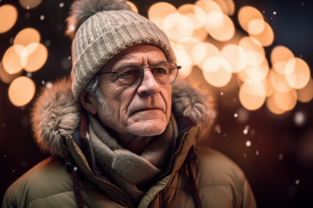 Portrait of an elderly man in winter clothes on a bokeh background.の素材