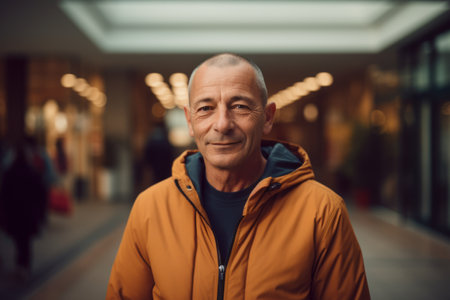 Portrait of a smiling senior man in a yellow jacket in the cityの素材