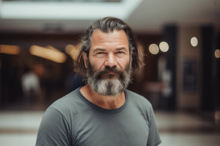 Portrait of a handsome bearded man with long gray hair and beard.の素材