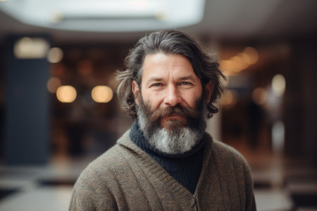Portrait of a bearded man in a sweater looking at the cameraの素材