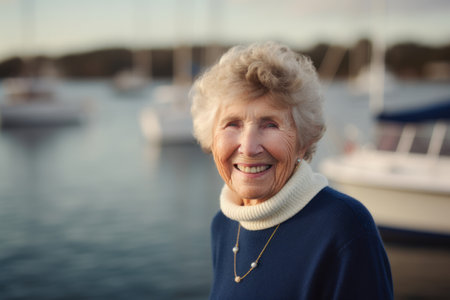 Portrait of a smiling senior woman standing in front of yachtsの素材