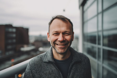 Portrait of a smiling middle-aged man against the background of a modern buildingの素材