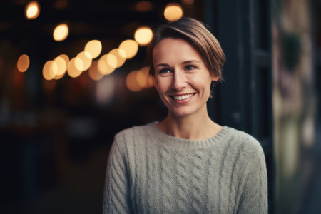 Portrait of a smiling young woman standing in the street at nightの素材