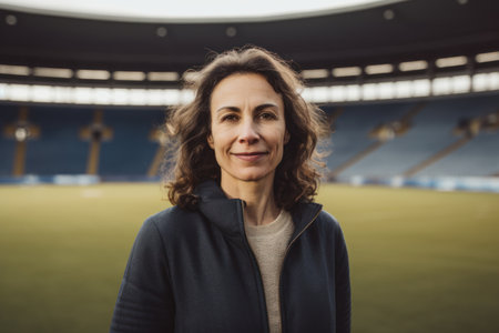 Portrait of smiling woman standing at football stadium with copy space.の素材