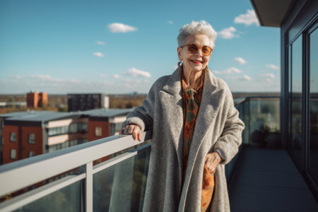 Portrait of a senior woman in a gray coat and sunglasses standing on the balcony.の素材