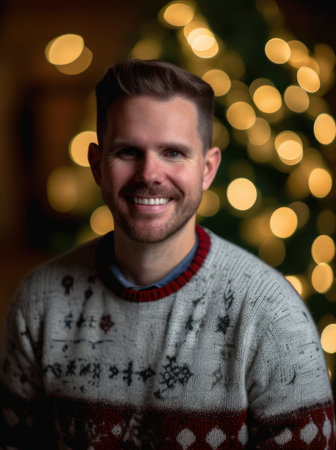 Portrait of a handsome young man in sweater on christmas backgroundの素材