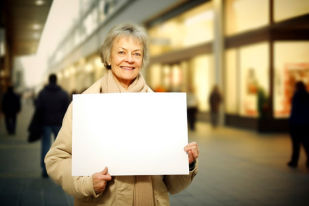 Smiling elderly woman with white sheet of paper in the shopping centerの素材