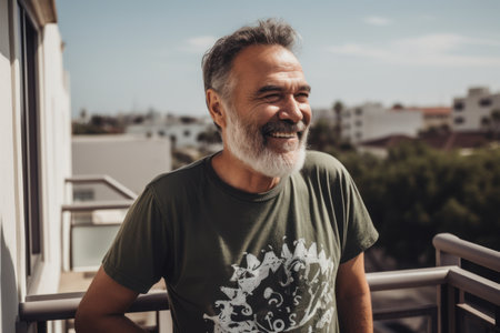 Portrait of a handsome senior man with gray beard and mustache, wearing casual t-shirt, looking at camera and smiling while standing outdoorsの素材