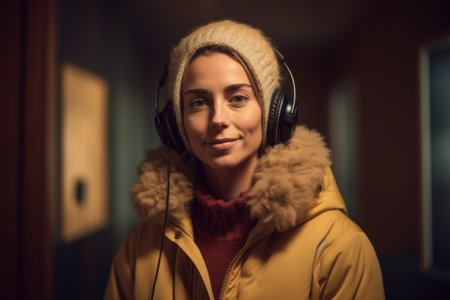 Portrait of a beautiful young woman with headphones listening to music.の素材