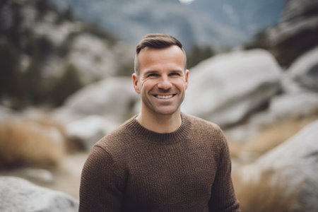 Portrait of a handsome young man in a brown sweater on a background of mountainsの素材