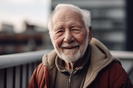 Portrait of a smiling senior man standing on the terrace outdoorsの素材