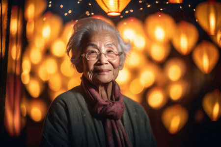Portrait of an old Asian woman in traditional dress with lanternsの素材