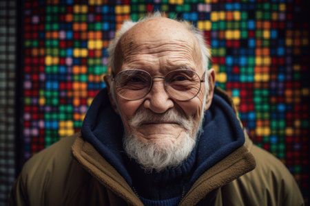 Portrait of an old man with glasses against a colorful background.の素材