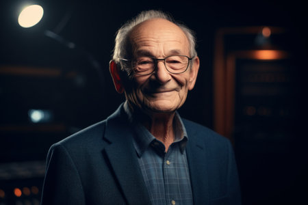 Portrait of a smiling senior man in a dark room with lights.の素材