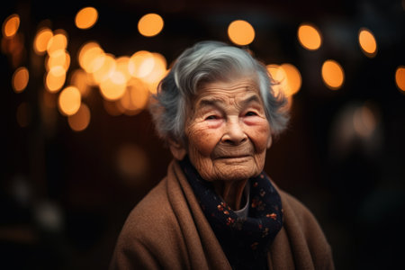 Portrait of an old Asian woman in the street at nightの素材