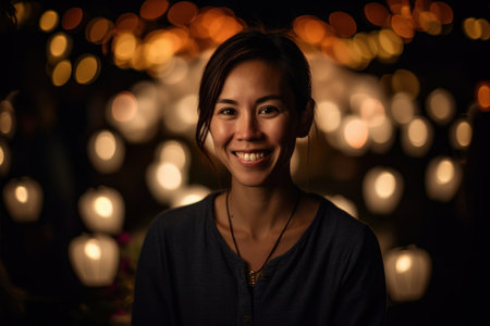 Portrait of a young Asian woman smiling and looking at the camera with bokeh backgroundの素材