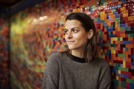 Portrait of a young woman standing in front of a colorful wallの素材