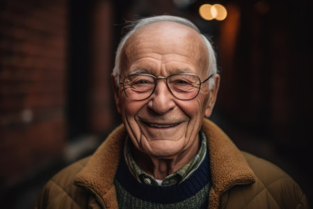 Portrait of an old man with glasses in a city street.の素材