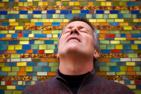 Portrait of a man in front of a mosaic wall with eyes closedの素材