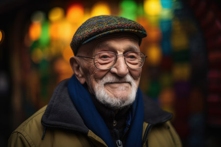Portrait of an old man with glasses in front of a colorful backgroundの素材