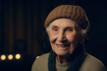 Portrait of a smiling senior woman in a warm sweater and hatの素材