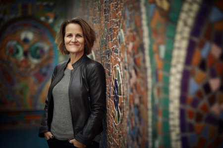 Portrait of a beautiful woman in a leather jacket on the background of a mosaic wallの素材