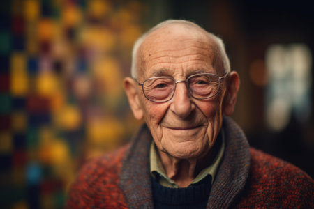 Portrait of an elderly man with glasses on a blurred background.の素材