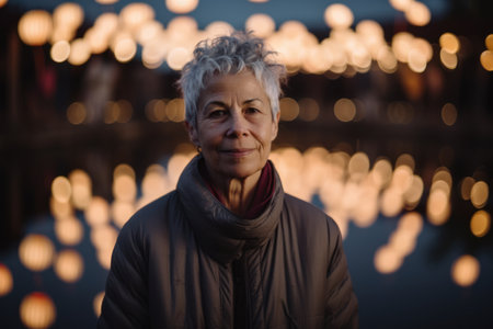 Portrait of an elderly woman on the background of the night cityの素材