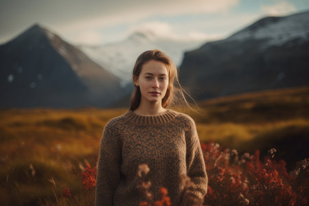 Portrait of a beautiful girl on the background of the mountains. The girl is dressed in a brown sweater.の素材