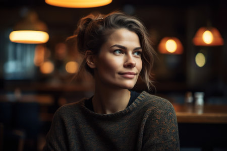 Portrait of a beautiful young woman in a cafe. Soft focus.の素材