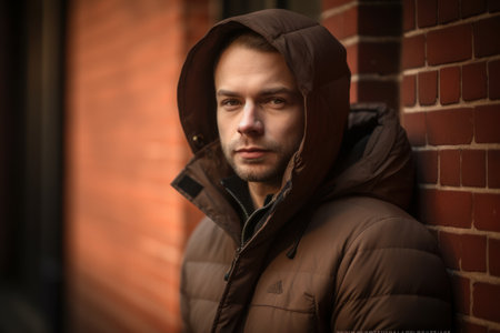 Portrait of handsome young man in hooded jacket on brick wall backgroundの素材