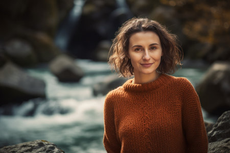 Portrait of a beautiful woman in a sweater on a background of a waterfallの素材