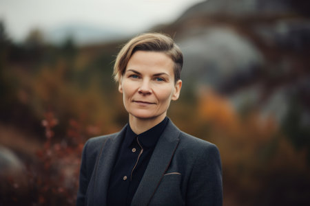 Portrait of a beautiful middle-aged woman in the autumn forestの素材