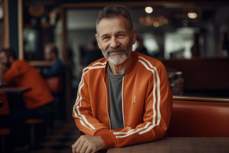 Portrait of a senior man in an orange jacket sitting in a cafe.の素材
