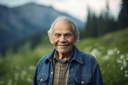 Portrait of a happy senior man in the mountains. Elderly people.の素材