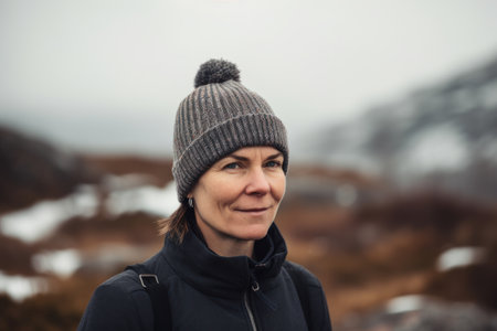 Portrait of a beautiful middle-aged woman in a knitted hat and black jacket on the background of mountains.の素材