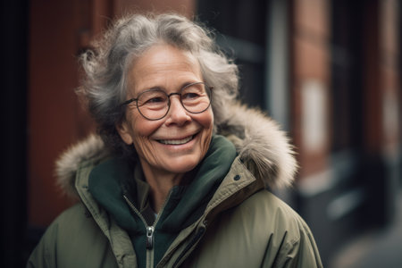 Portrait of smiling senior woman in coat and eyeglasses outdoorsの素材