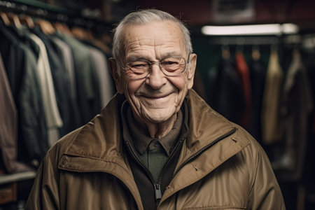 Portrait of a senior man in a jacket in a clothing storeの素材