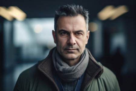 Portrait of middle-aged man in winter coat and scarf.の素材