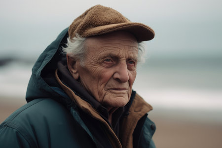 Portrait of an elderly man on the beach at autumn day.の素材