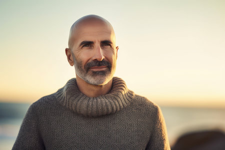 Photo pour Portrait of a handsome middle-aged man in a knitted sweater on the beach - image libre de droit