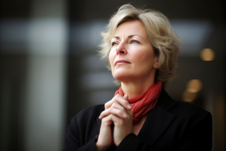 Portrait of a thoughtful mature businesswoman with red scarf looking awayの素材