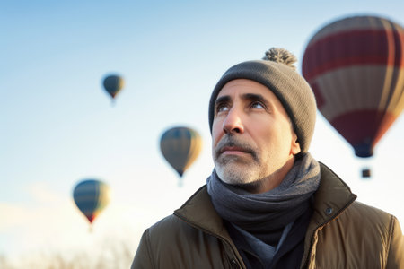 Portrait of a middle-aged man in a hat and scarf, looking up at the hot air balloons.の素材