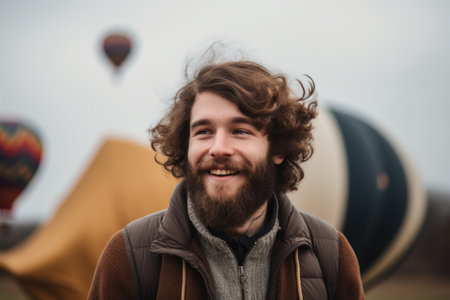 Portrait of a handsome man with curly hair and beard on the background of hot air balloonsの素材