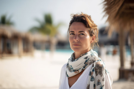 Beautiful young woman in white dress and scarf on the tropical beachの素材