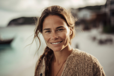 Portrait of a beautiful young woman smiling at the camera on the beachの素材