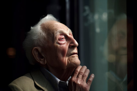 Elderly woman looking through the window. Focus on eyes.の素材