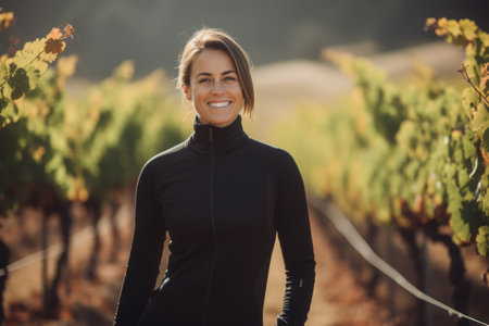 Portrait of beautiful young woman in black sportswear standing in vineyardの素材