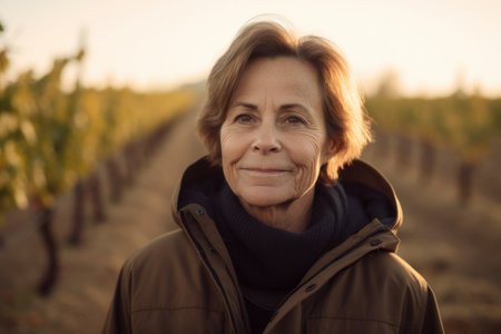 Portrait of a smiling senior woman in a vineyard at sunsetの素材