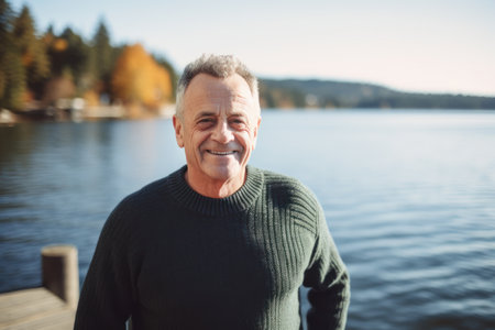 Portrait of a smiling senior man standing by the lake in autumnの素材